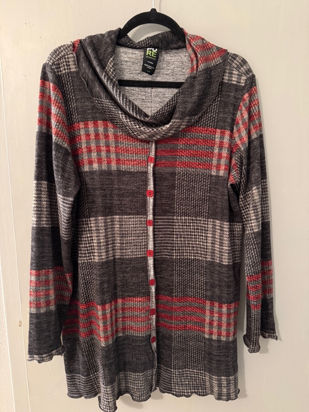 Reborn Elements Gray and Red Plaid Cowl-Neck Button Cardigan